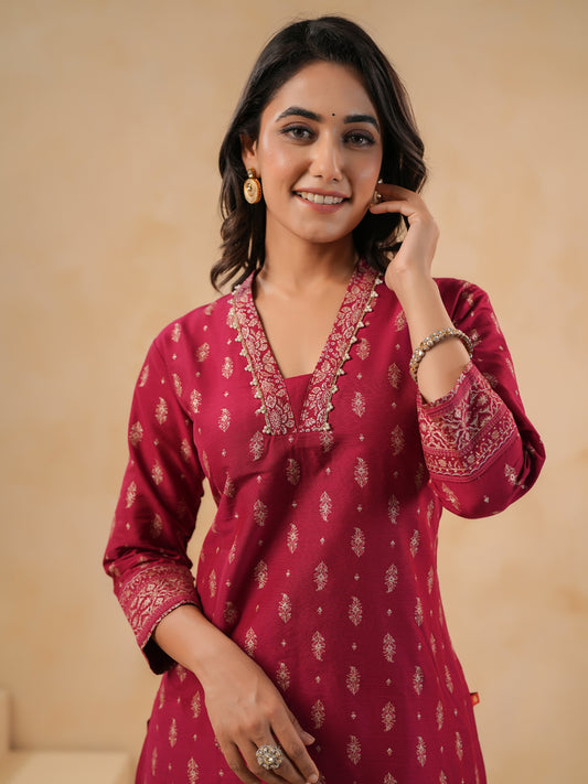 Span Red Deep V Silk Co-Ord Set
