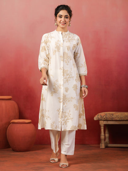 Span White Mandarin Neck Silk Cord Set