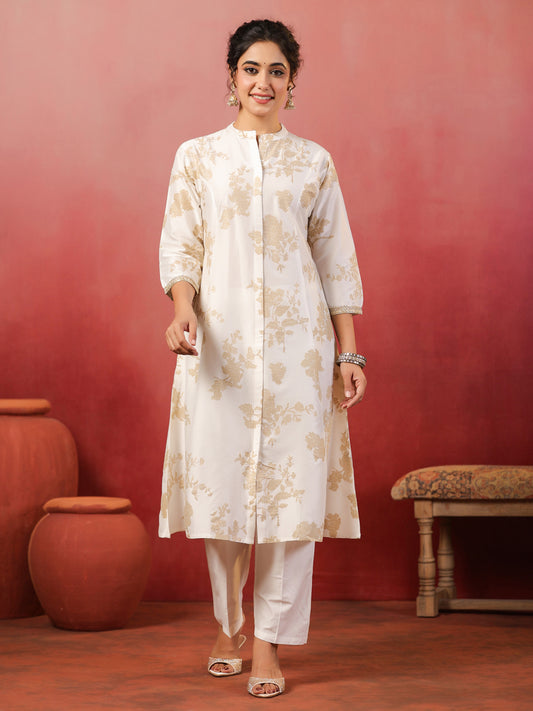Span White Mandarin Neck Silk Cord Set