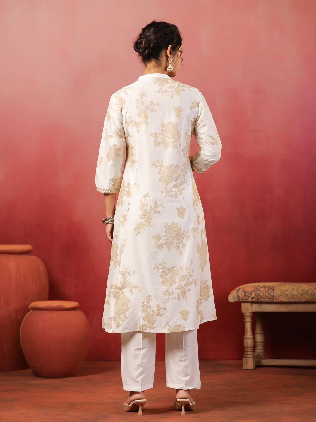 Span White Mandarin Neck Silk Cord Set