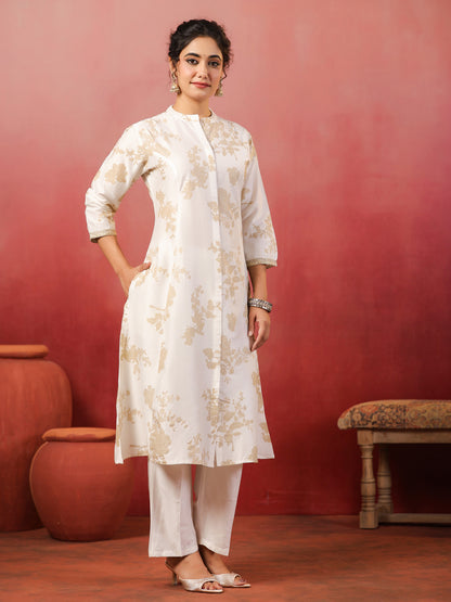 Span White Mandarin Neck Silk Cord Set