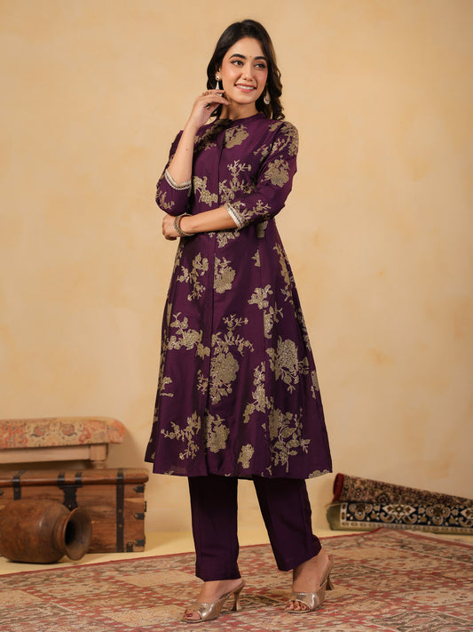 Span Purple Mandarin Neck Silk Co-Ord Set