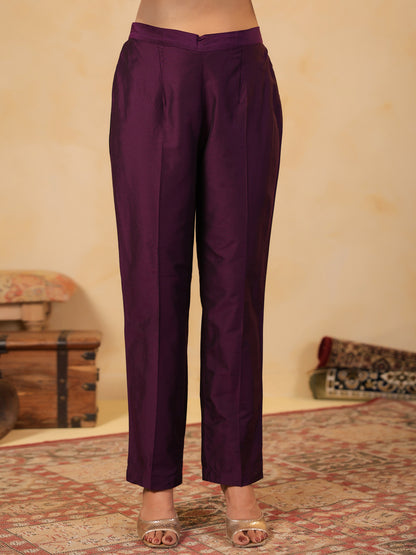 Span Purple Mandarin Neck Silk Co-Ord Set