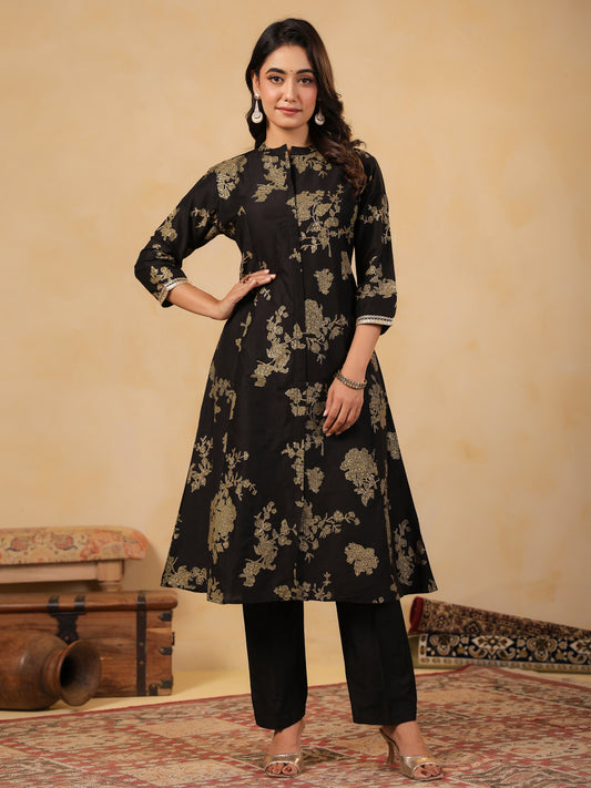 Span Black Mandarin Neck Silk Co-Ord Set