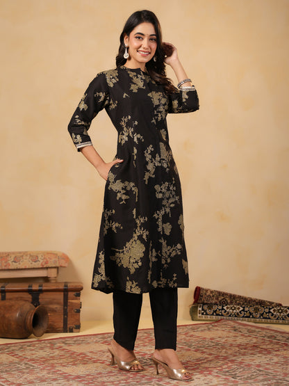 Span Black Mandarin Neck Silk Co-Ord Set
