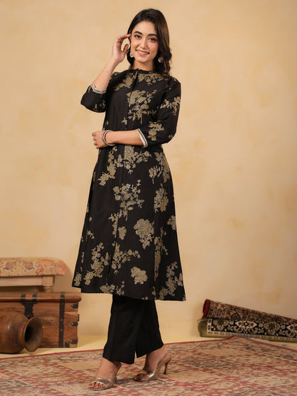 Span Black Mandarin Neck Silk Co-Ord Set