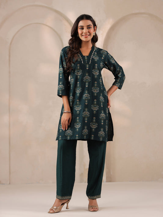 Span Green Deep V Silk Cord Set