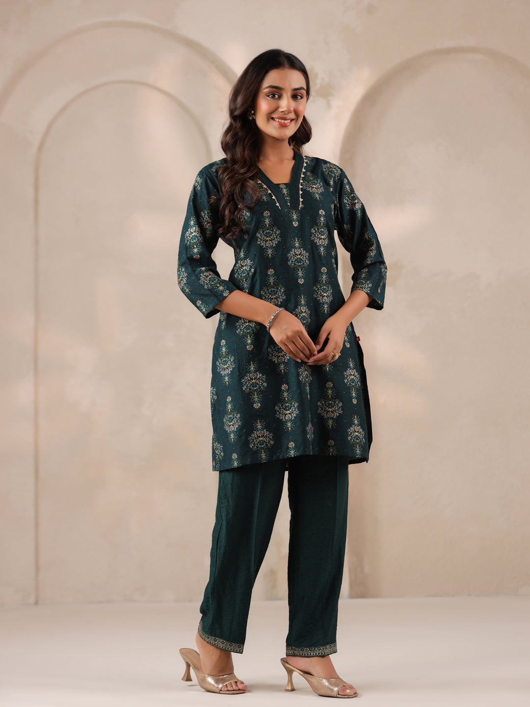 Span Green Deep V Silk Cord Set
