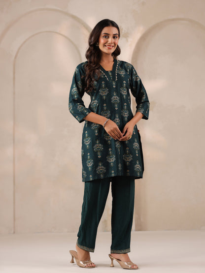 Span Green Deep V Silk Cord Set