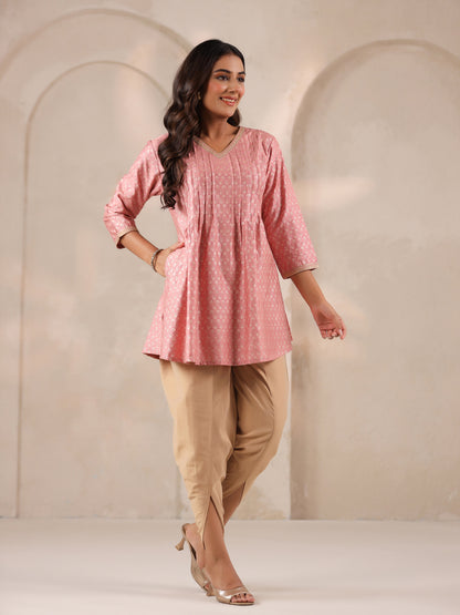 Span Pink V Neck Viscose Short Kurta