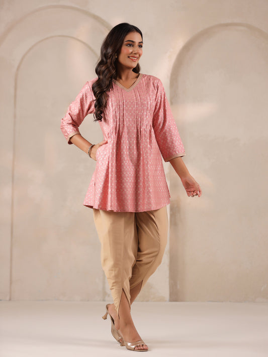 Span Pink V Neck Viscose Short Kurta