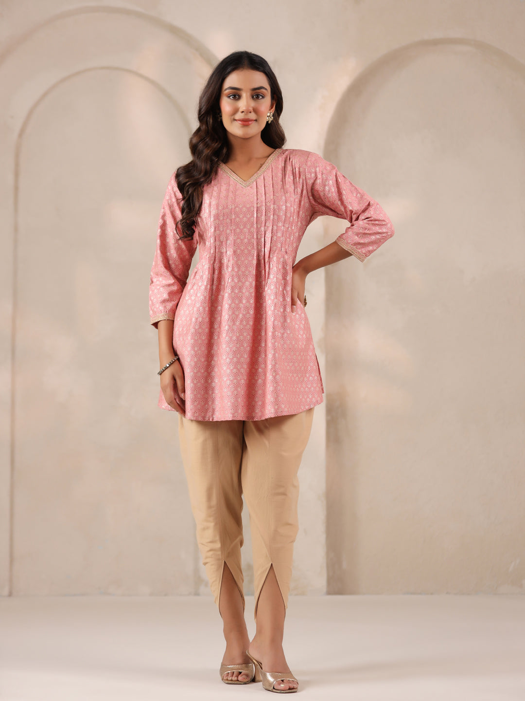Span Pink V Neck Viscose Short Kurta