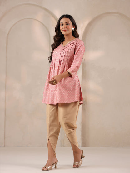 Span Pink V Neck Viscose Short Kurta