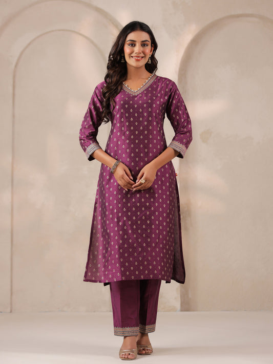Span Purple V Neck Silk Kurta