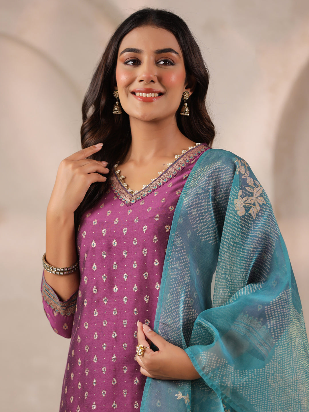 Span Purple V Neck Silk Kurta