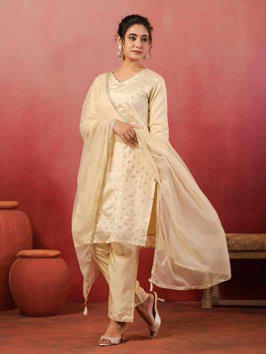 Span Ivory V Neck Viscose Kurta Set with Dupatta