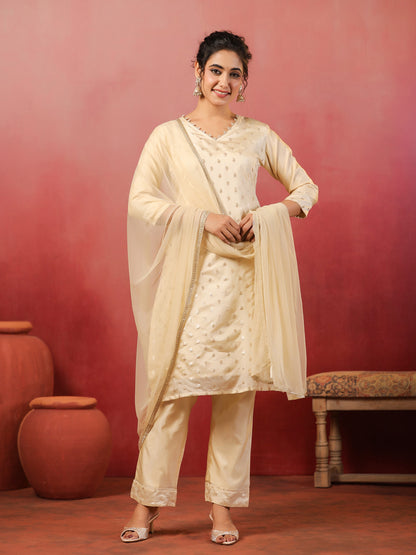 Span Ivory V Neck Viscose Kurta Set with Dupatta