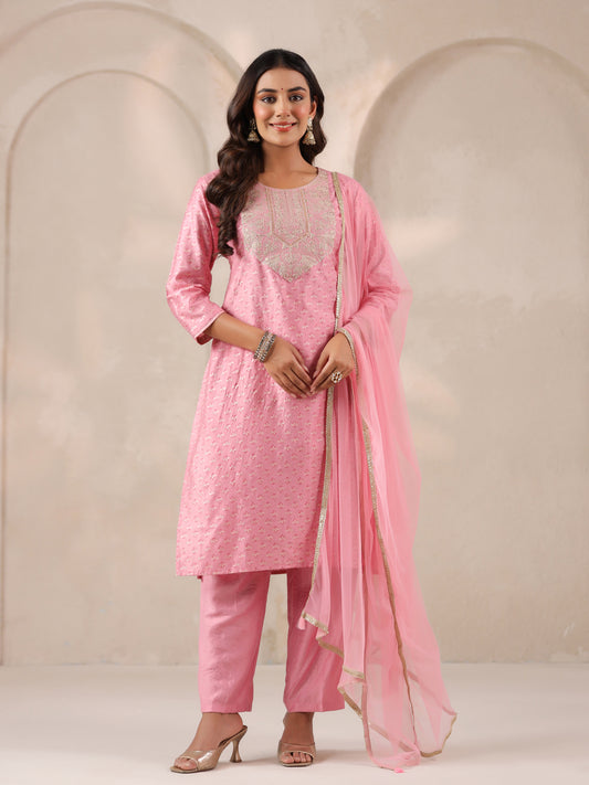 Span Pink Round Neck Visocse Kurta Set with Dupatta