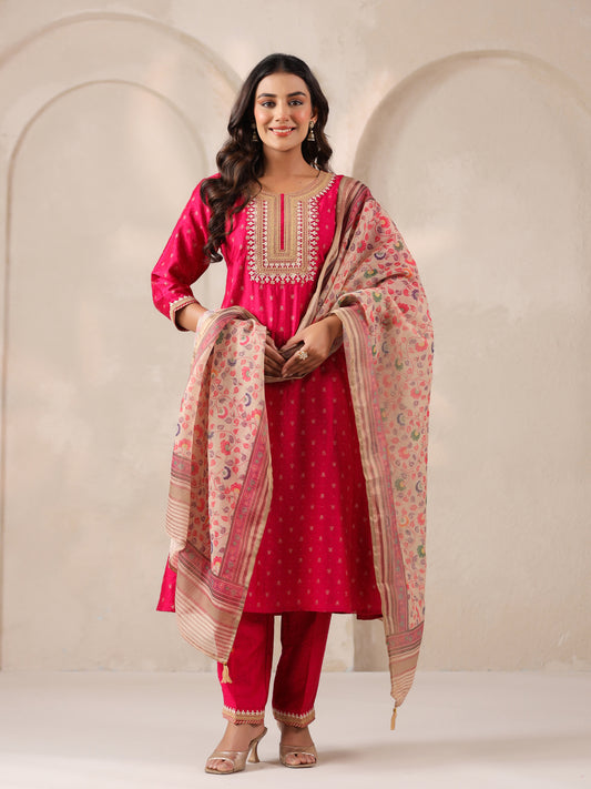 Span Pink Round Neck Visocse Kurta Set with Dupatta