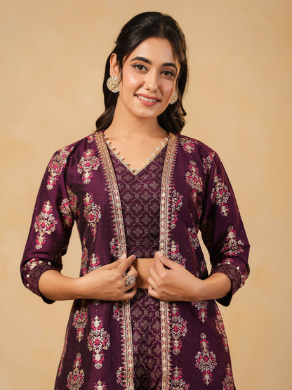 Span Purple V Neck Silk Jacket Style 3PCS Set