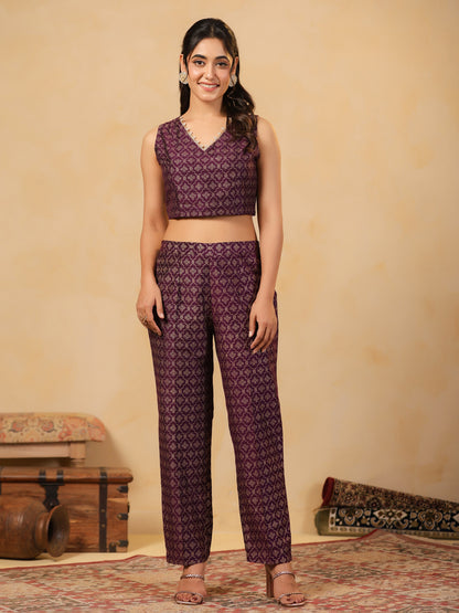 Span Purple V Neck Silk Jacket Style 3PCS Set