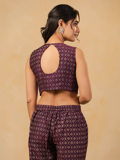 Span Purple V Neck Silk Jacket Style 3PCS Set