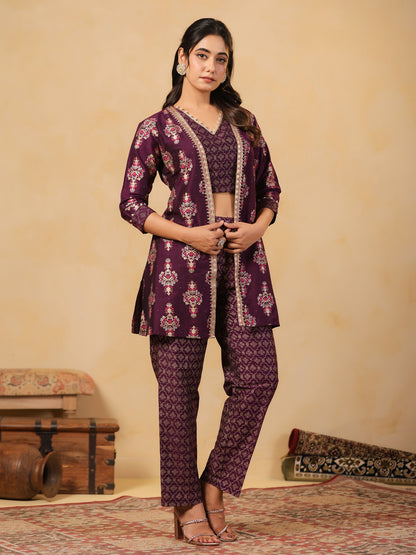 Span Purple V Neck Silk Jacket Style 3PCS Set