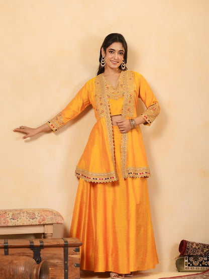 Span Yellow V Neck Silk Jacket Style 3PCS Set