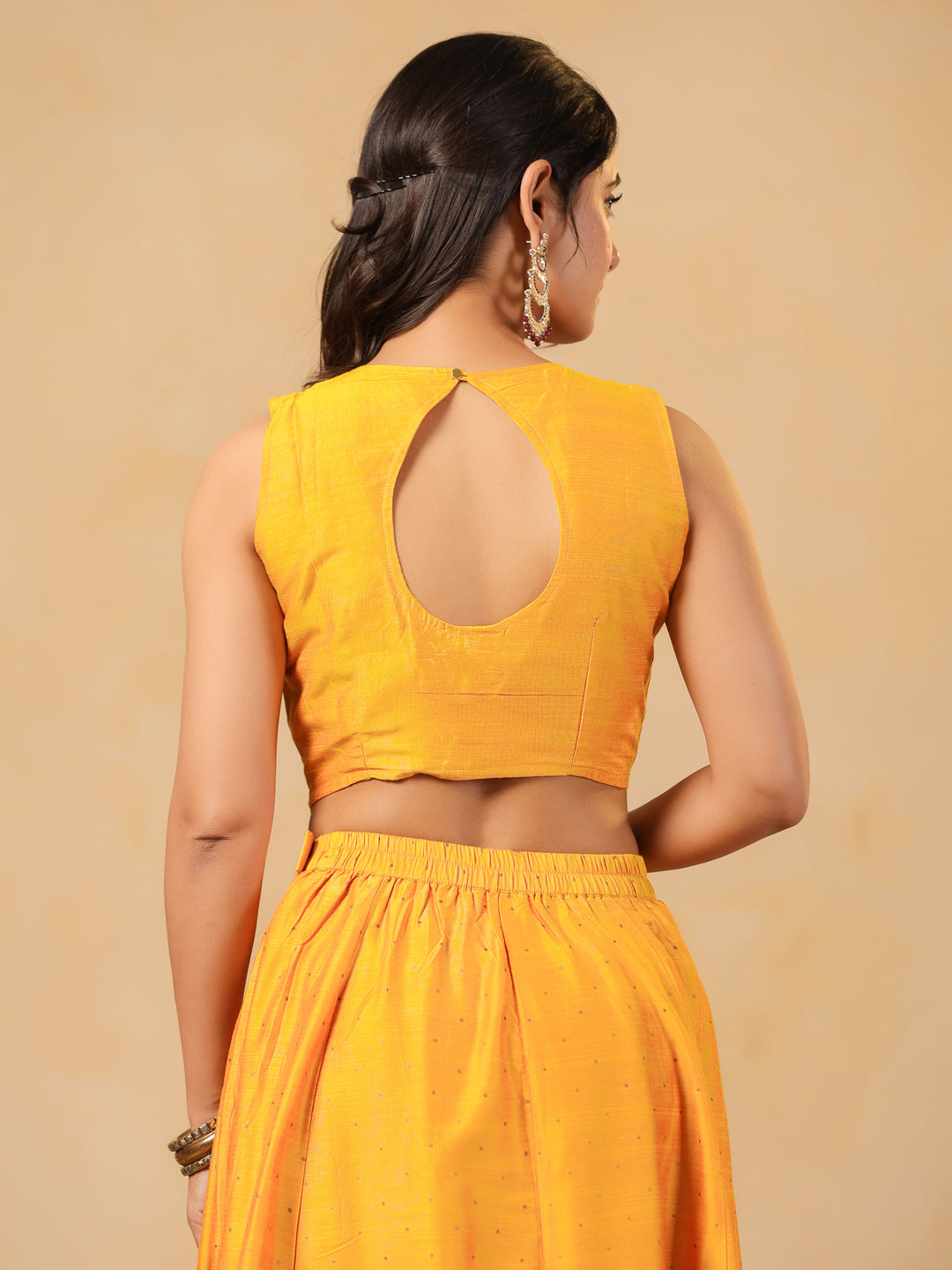 Span Yellow V Neck Silk Jacket Style 3PCS Set