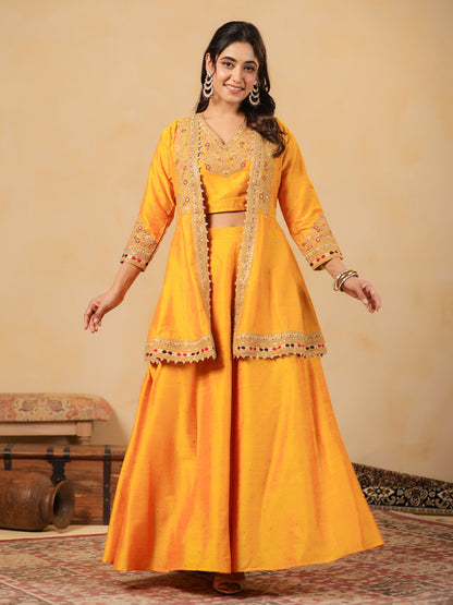 Span Yellow V Neck Silk Jacket Style 3PCS Set