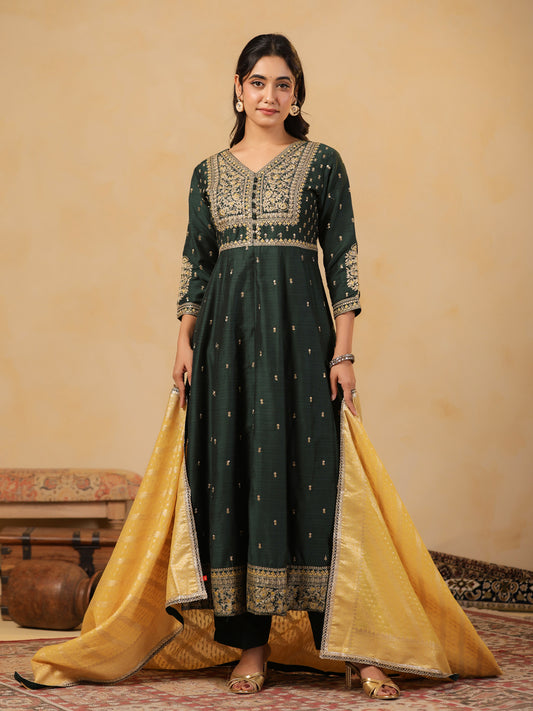 Span Green V Neck Viscose Kurta Set with Dupatta