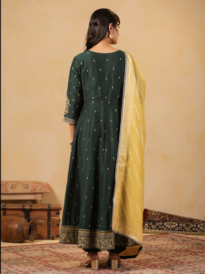 Span Green V Neck Viscose Kurta Set with Dupatta