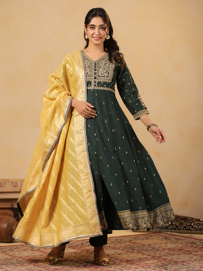 Span Green V Neck Viscose Kurta Set with Dupatta