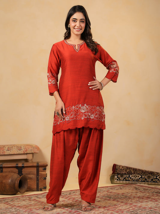 Span Orange Round V Neck Viscose Cord Set