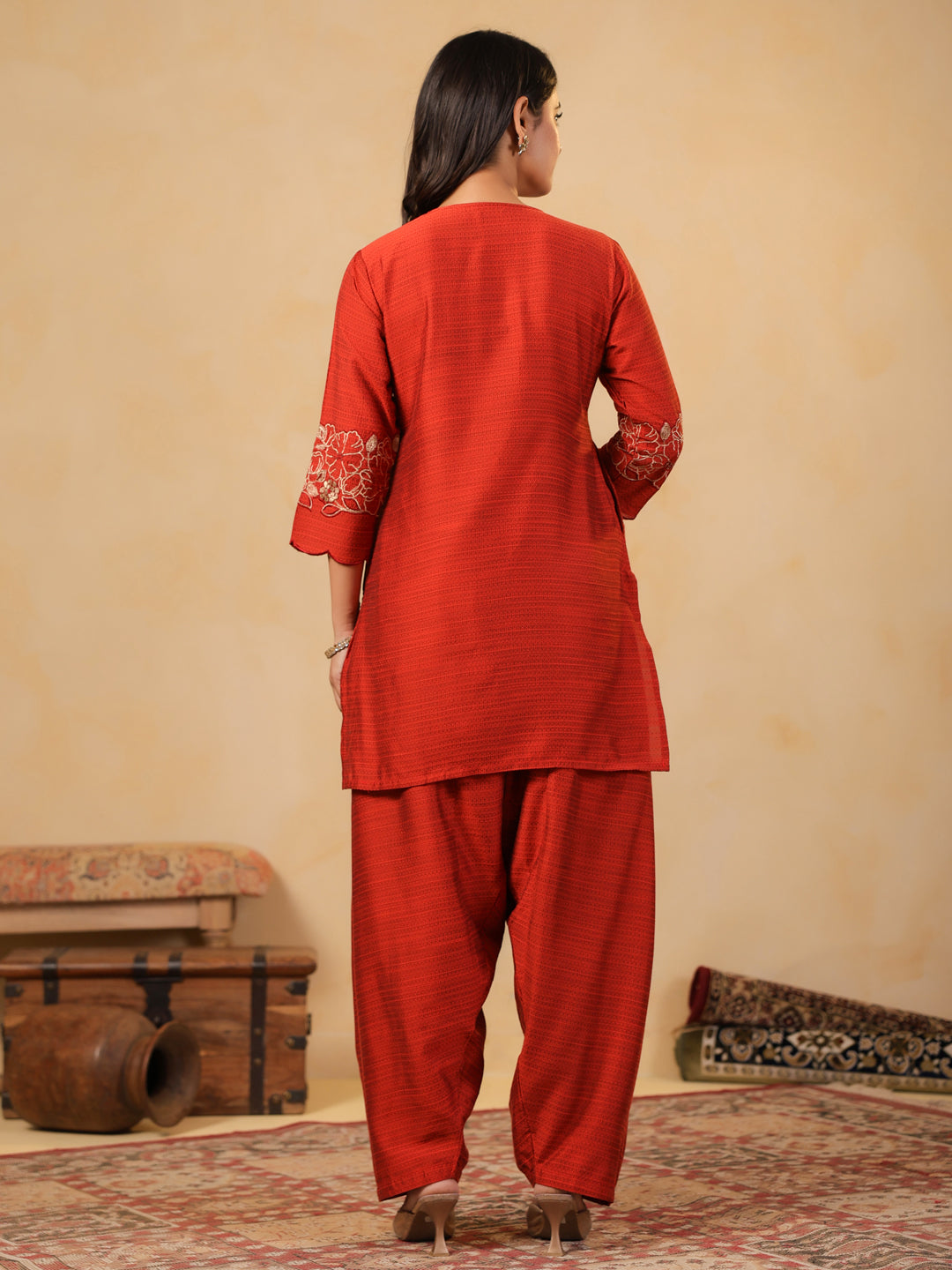 Span Orange Round V Neck Viscose Cord Set