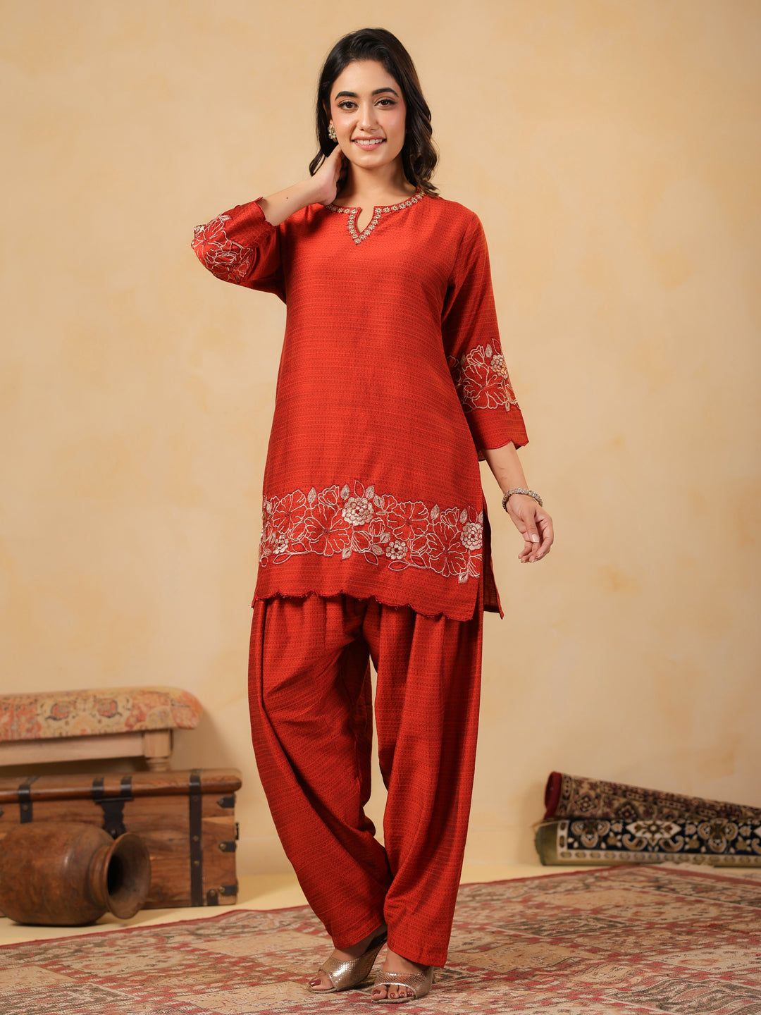 Span Orange Round V Neck Viscose Cord Set