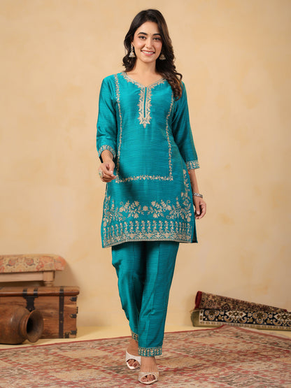 Span Blue Round V Neck Viscose Cord Set
