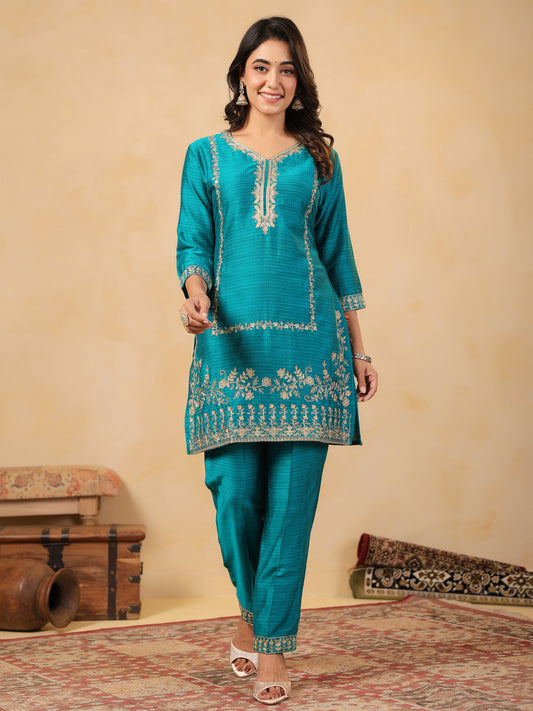 Span Blue Round V Neck Viscose Cord Set