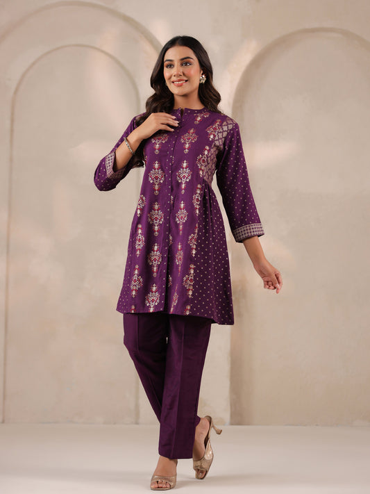 Span Purple Mandarin Rayon Short Kurta