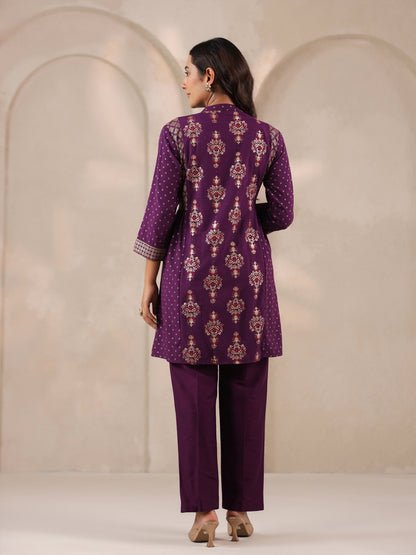 Span Purple Mandarin Rayon Short Kurta