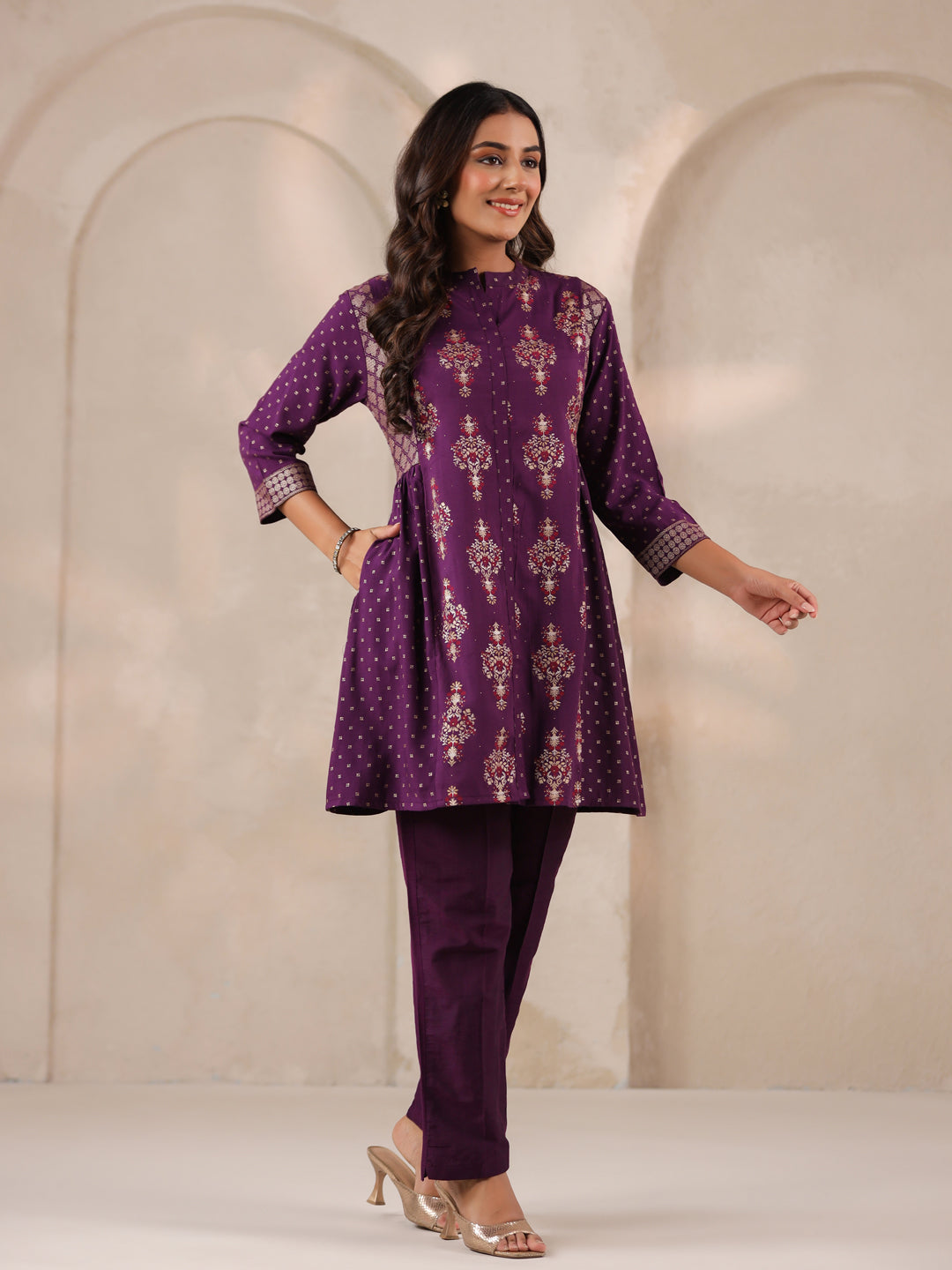 Span Purple Mandarin Rayon Short Kurta