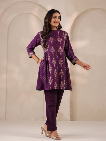 Span Purple Mandarin Rayon Short Kurta