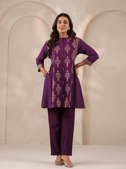 Span Purple Mandarin Rayon Short Kurta