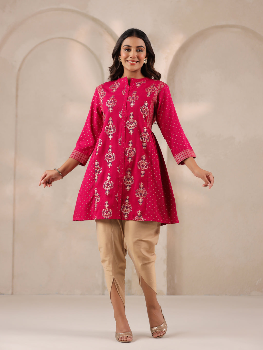 Span Pink Mandarin Rayon Short Kurta