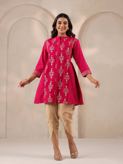 Span Pink Mandarin Rayon Short Kurta