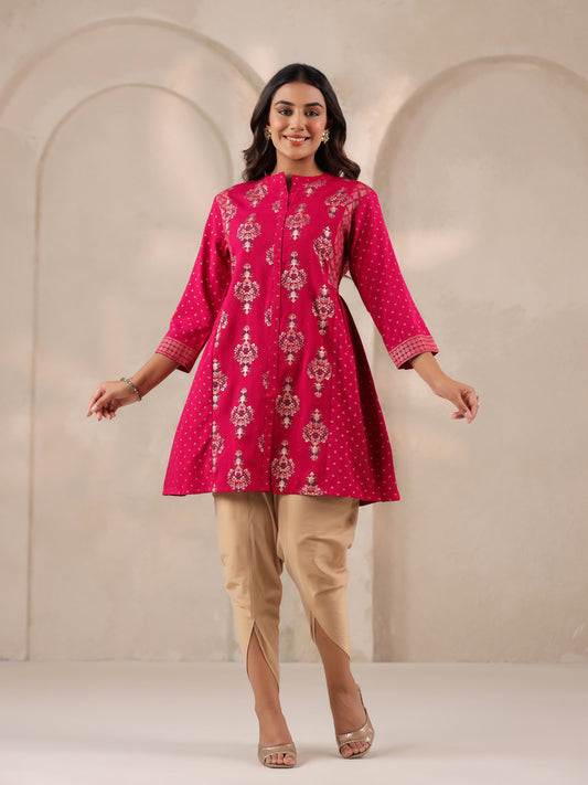 Span Pink Mandarin Rayon Short Kurta