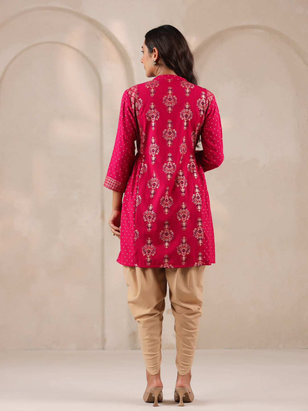 Span Pink Mandarin Rayon Short Kurta