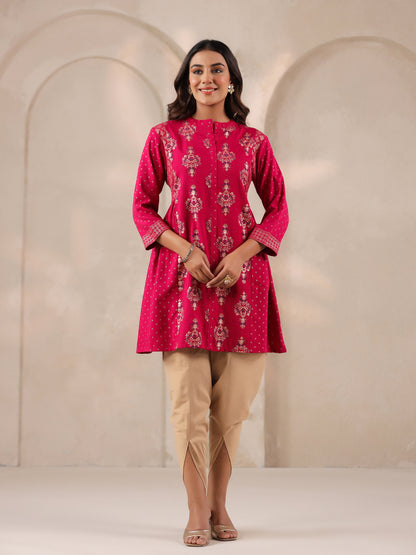 Span Pink Mandarin Rayon Short Kurta
