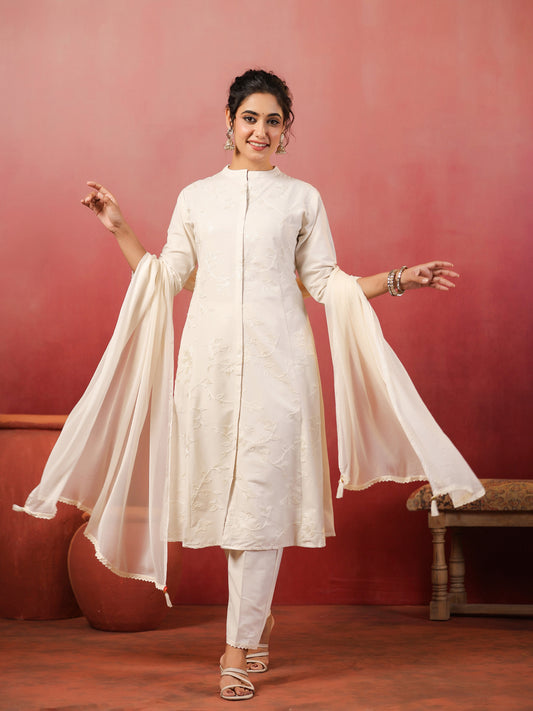 Span Off White Mandarin Neck Cotton Kurta Set with Dupatta