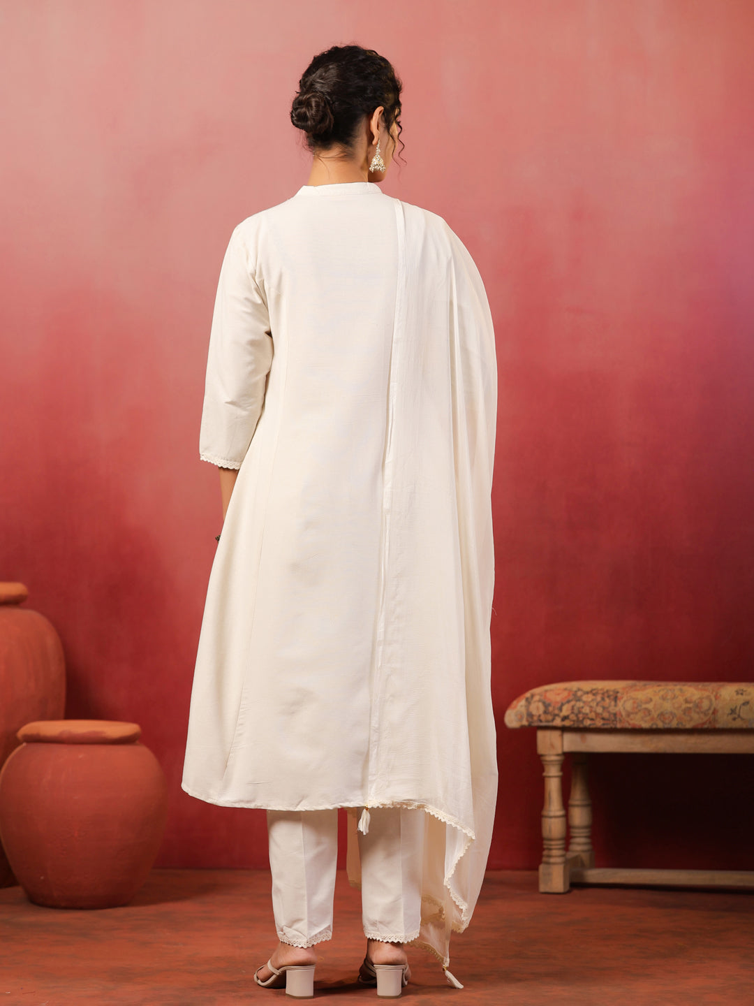 Span Off White Mandarin Neck Cotton Kurta Set with Dupatta